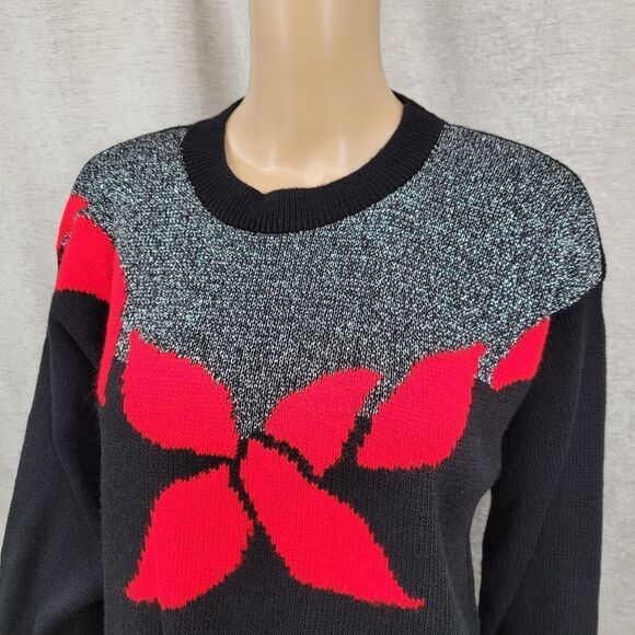 Carly Blake Vintage Christmas Holiday Sweater Black Red Metallic Silver 80s - Picture 3 of 8